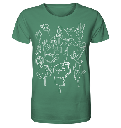 Fairtrade T-Shirt aus Bio-Baumwolle mit Symbolen für Frieden, Freiheit und Widerstand, nachhaltig produziert