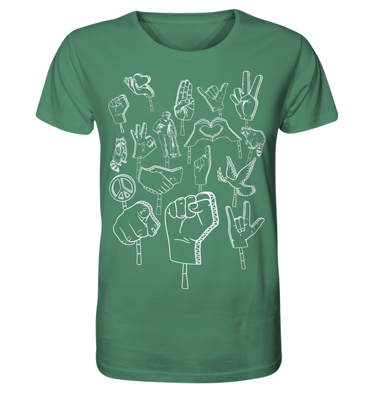 Fairtrade T-Shirt aus Bio-Baumwolle mit Symbolen für Frieden, Freiheit und Widerstand, nachhaltig produziert